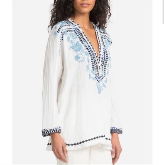 Johnny Was Vedera Gauze Blouse White Blue Sz XL IT HAS POCKETS!! - Picture 2 of 14